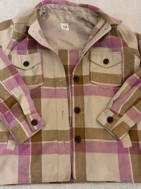 GAP Men's Cream, Pink & Brown Plaid Button-Up Sweater Jacket